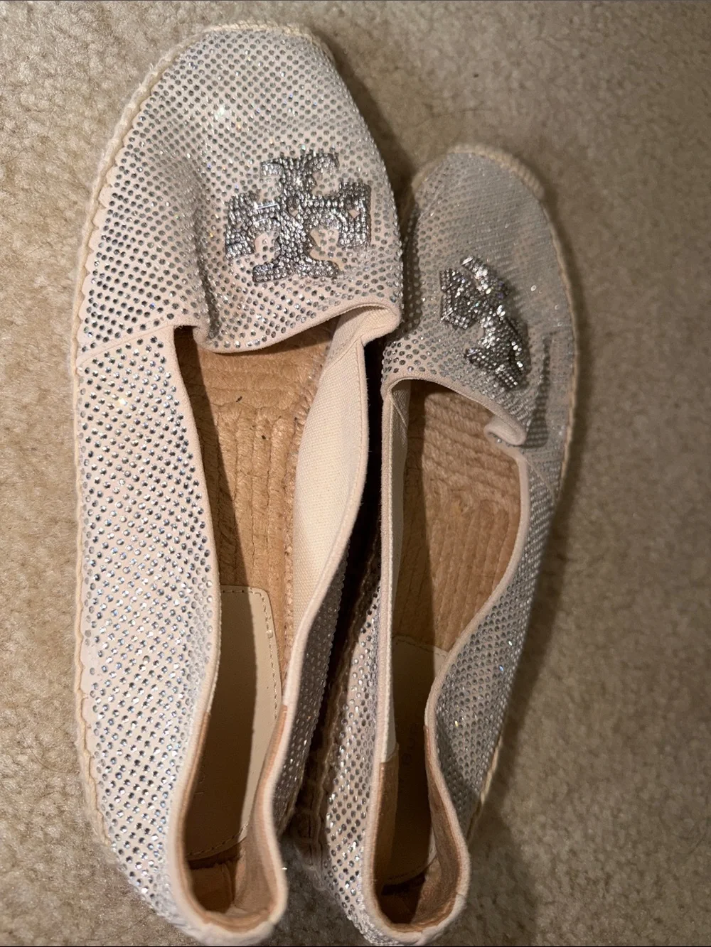 Tory Burch Everly Suede Espadrille Cream Suede w/Silver Sequins size 9 worn 1x